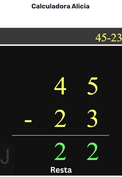 Imagen de la Calculadora Alicia y la Calculadora-de-restas mostrando problemas de resta con la operación 45-23 y el resultado 22 en línea