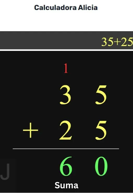 Imagen de la Calculadora Alicia resolviendo una suma en línea con la operación 35+25 y el resultado correcto 60