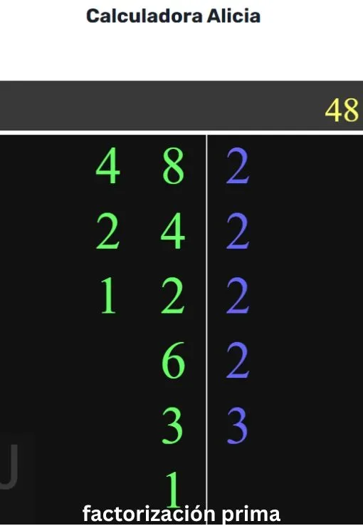 Imagen de la Calculadora Alicia mostrando la Factorización-Prima del número 48 paso a paso con los factores correctos en línea