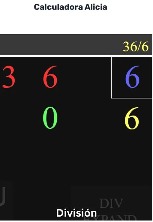 Imagen de la Calculadora Alicia y el Solucionador-de-divisiones mostrando la operación 36 dividido entre 6 paso a paso con resultado 6