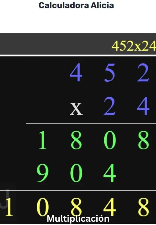 Imagen de la Calculadora Alicia mostrando una multiplicación-larga 452×24 paso a paso con resultado 10848