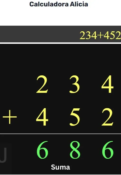 Imagen de la Calculadora Alicia usada como Calculadora-para-sumar mostrando la operación 234+452 con el resultado 686