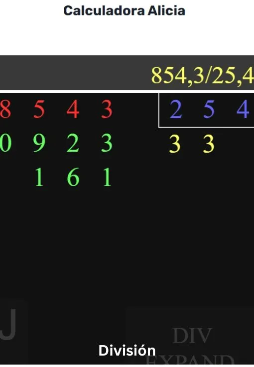 Imagen de la Calculadora Alicia resolviendo una División-decimal con la operación 8543÷254 paso a paso mostrando el resultado correcto