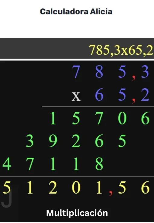 Imagen de la Calculadora de multiplicación que muestra la multiplicación de números decimales 785,3×65,2 paso a paso con el resultado 51201,56