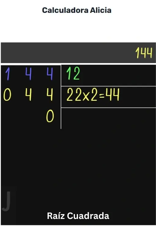Raíz cuadrada de 144 resuelta con la Calculadora Raíz Cuadrada mostrando el proceso completo.