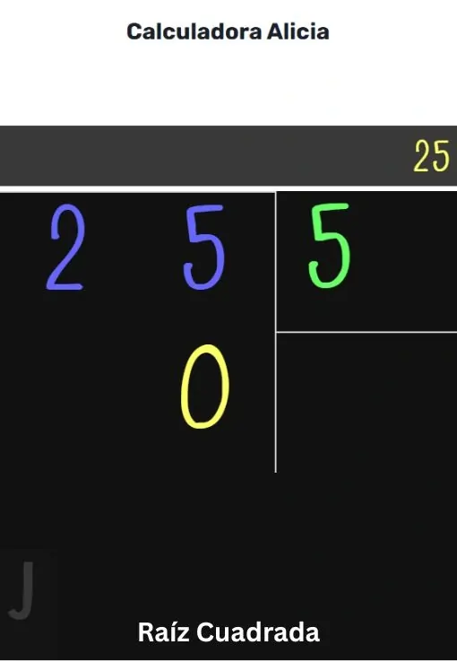 Cálculo de raíz cuadrada de 25 usando la Calculadora Raíz Cuadrada con resultado correcto paso a paso.