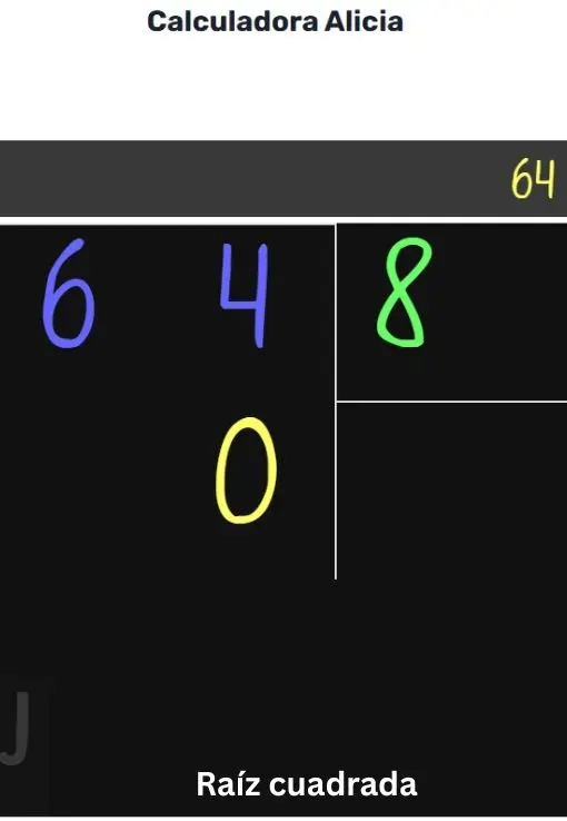 Cálculo de raíz cuadrada de 64 usando la Calculadora Raíz Cuadrada con resultado correcto paso a paso.