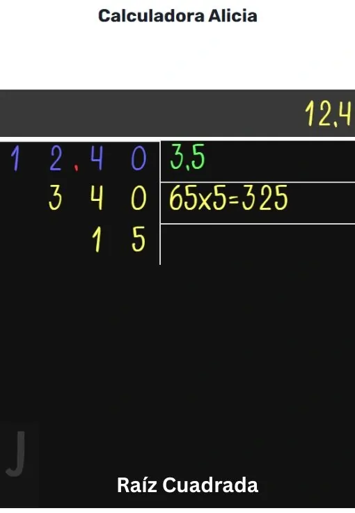Raíz cuadrada de 12,4 calculada con la Calculadora Raíz Cuadrada mostrando resultado decimal paso a paso.